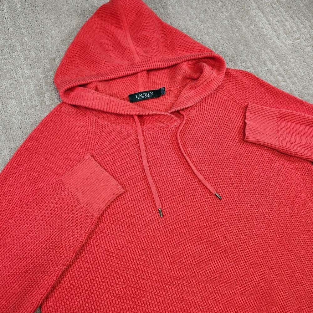 Ralph Lauren Hoodie Women Medium‎ Waffle Knit Cotton Thermal Pullover Orange NEW